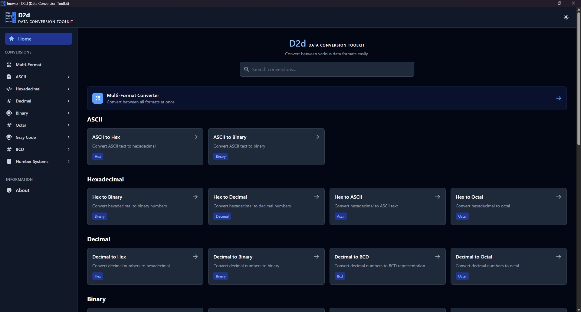 D2d home screen with the searchable conversion catalog