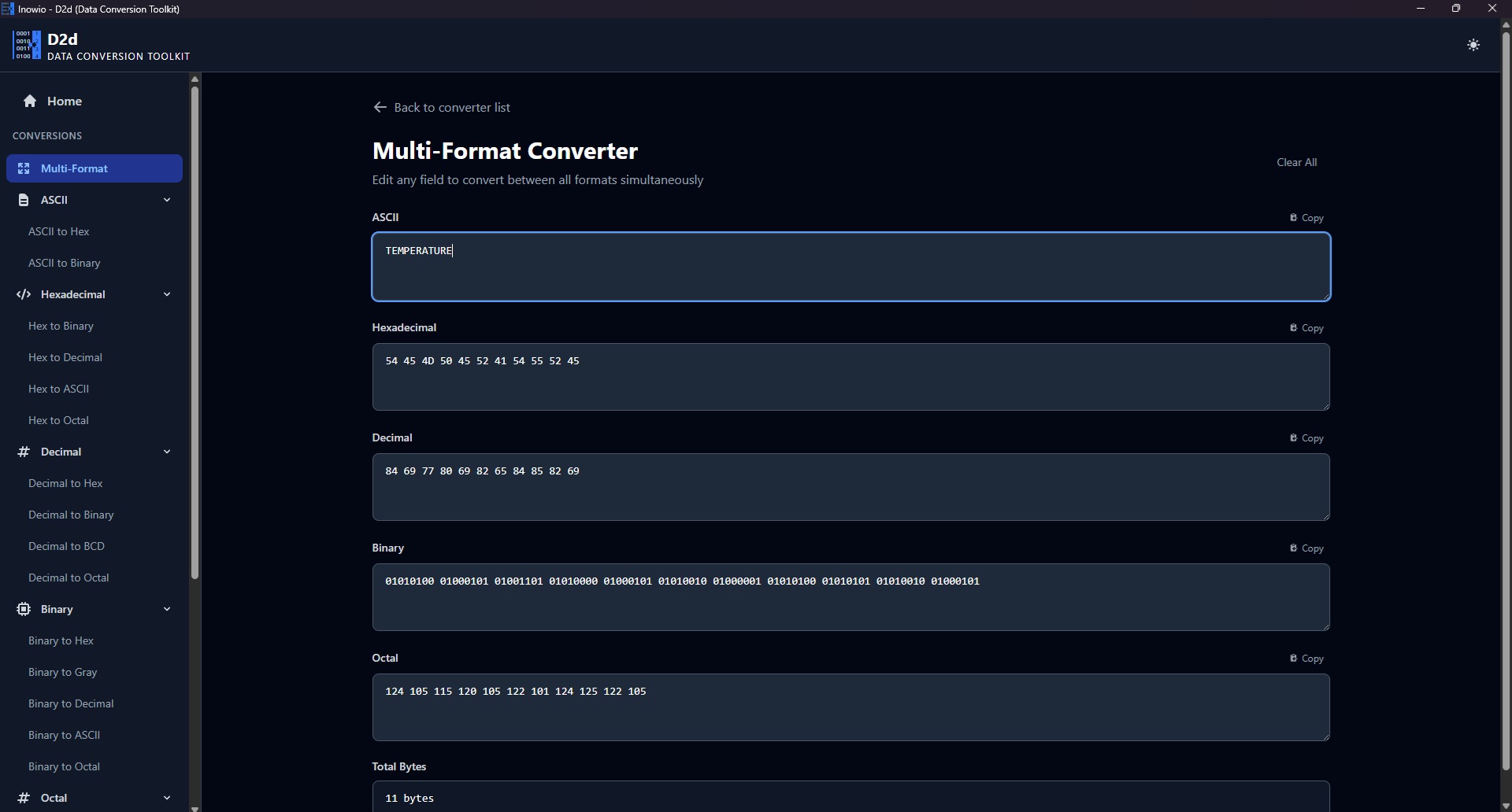 D2d Multi-Format converter showing ASCII, hex, decimal, binary, and octal at once