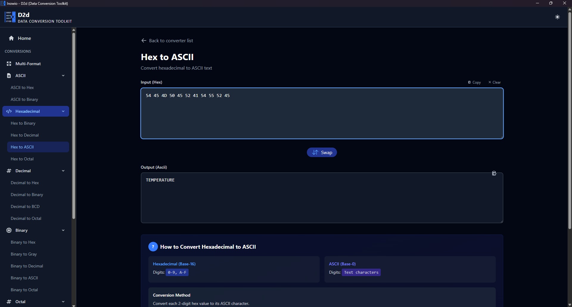 D2d Hex to ASCII converter with a step-by-step explanation