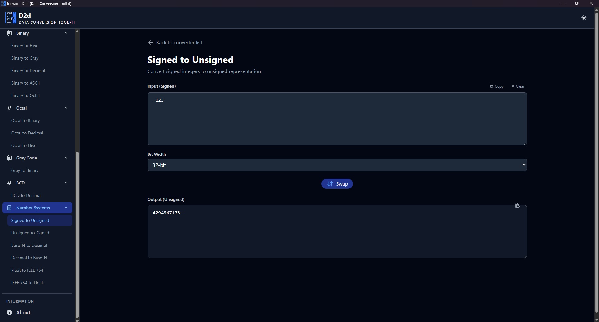 D2d Signed to Unsigned converter with selectable bit width