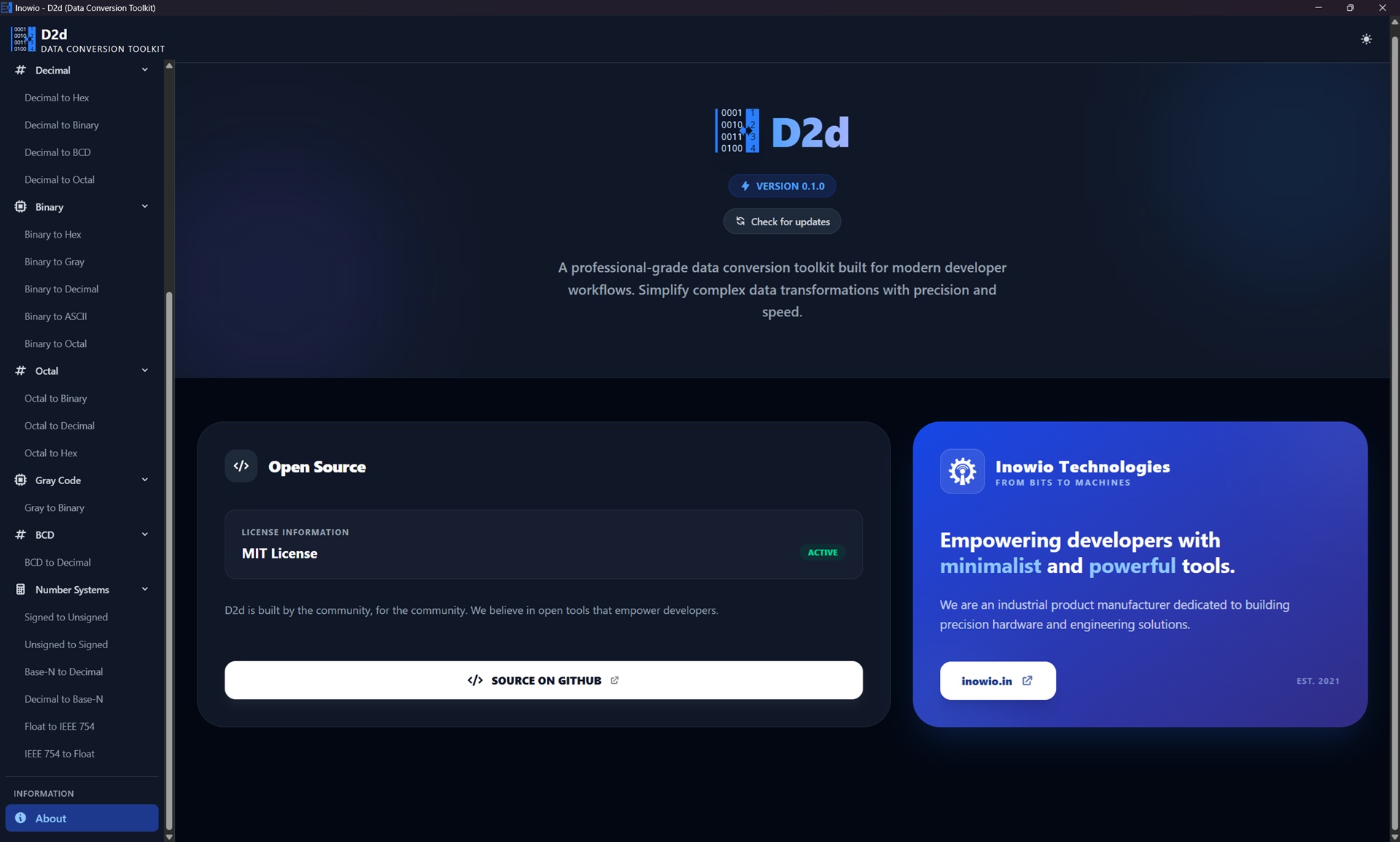D2d About page with version, license, and update controls