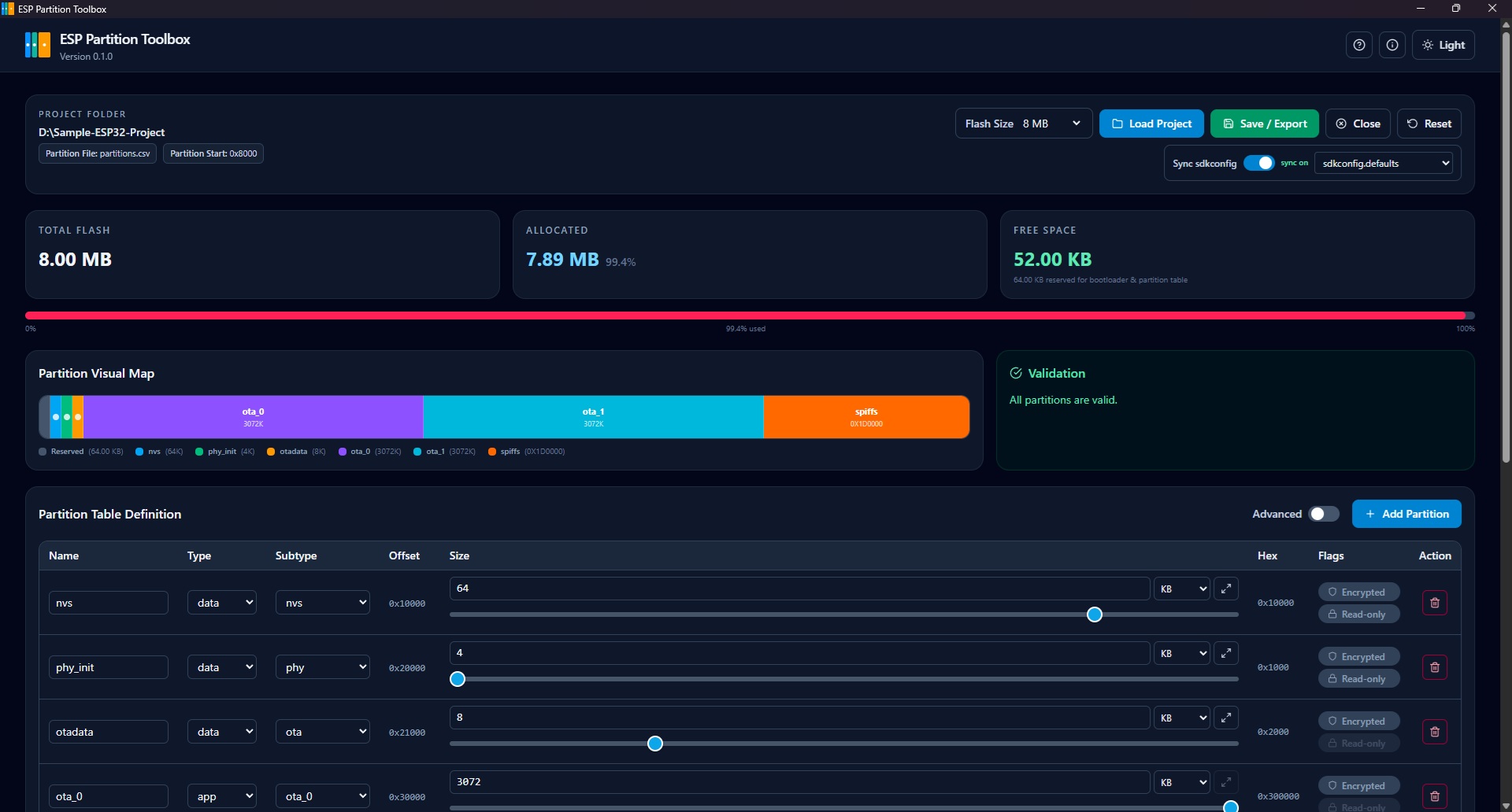 ESP Partition Toolbox interface screenshot