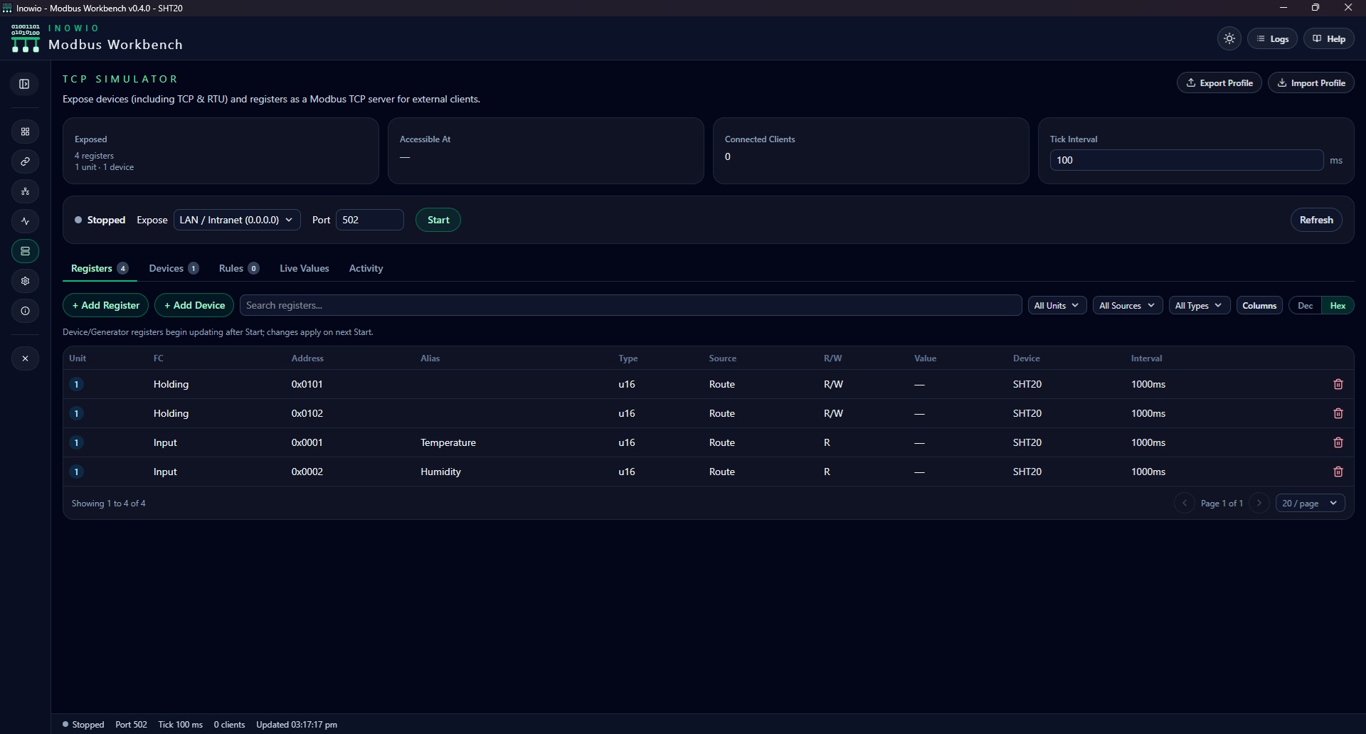 Modbus Workbench interface screenshot