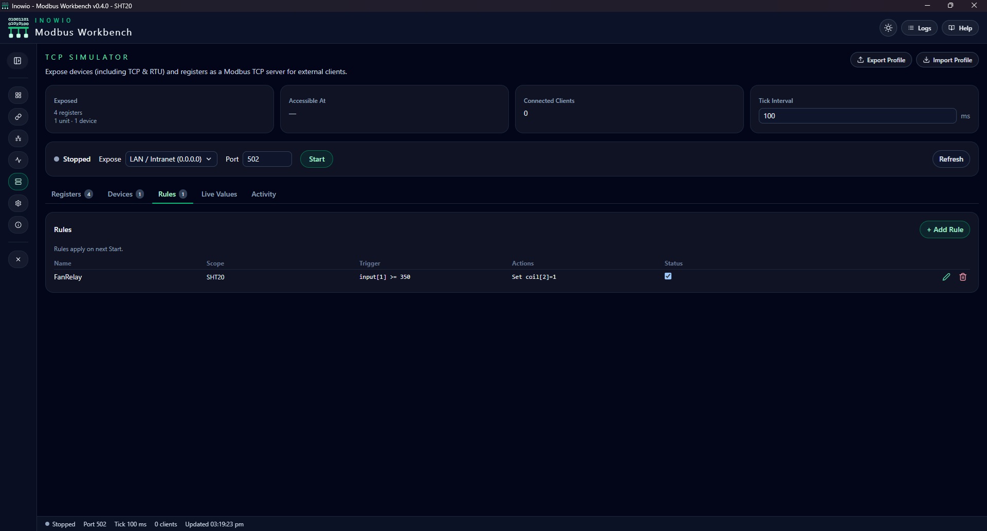 Modbus Workbench interface screenshot