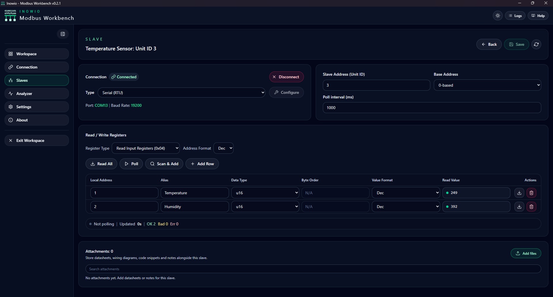 Modbus Workbench interface screenshot