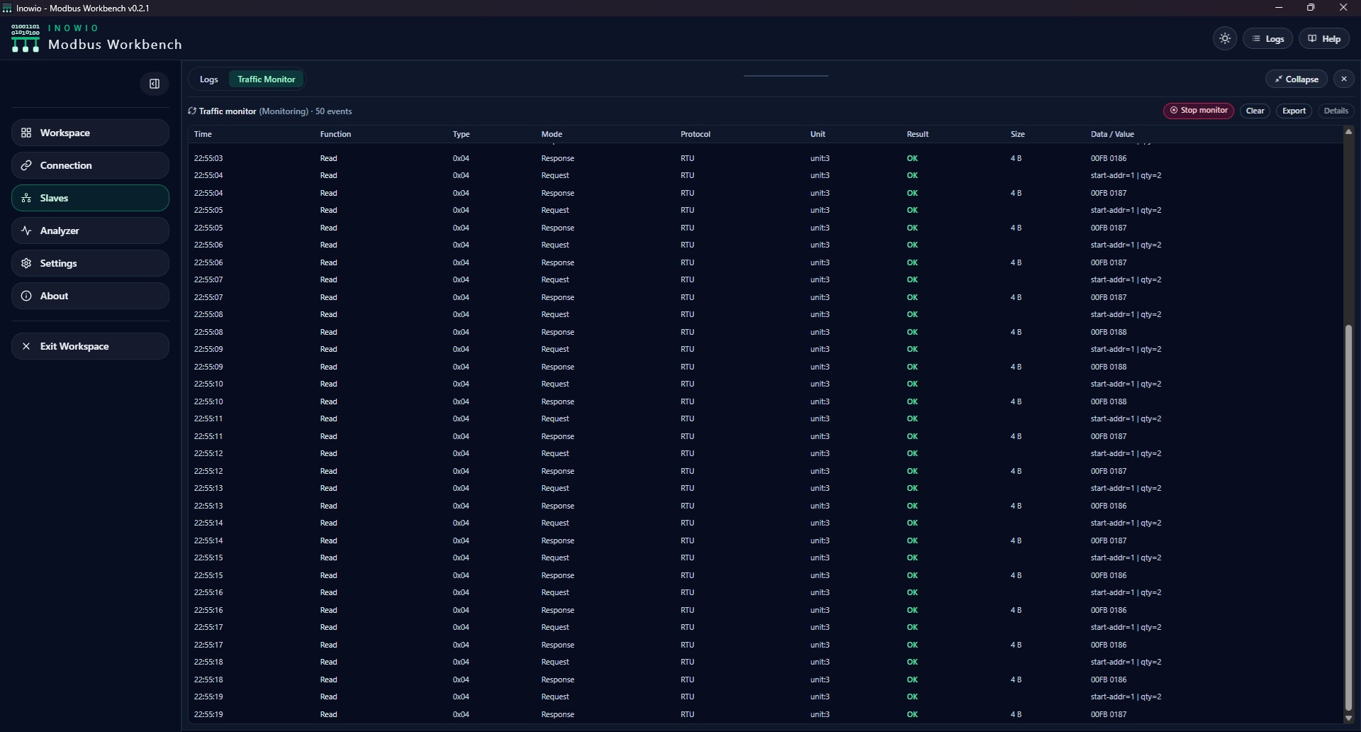 Modbus Workbench interface screenshot